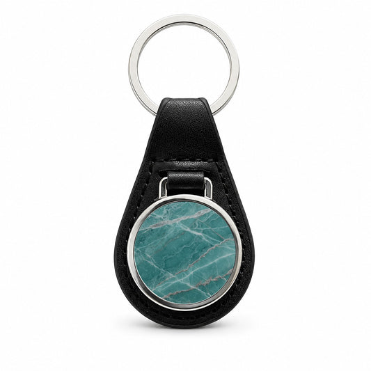 Teal Marble Abstract Texture Black Leather Metal Keychain