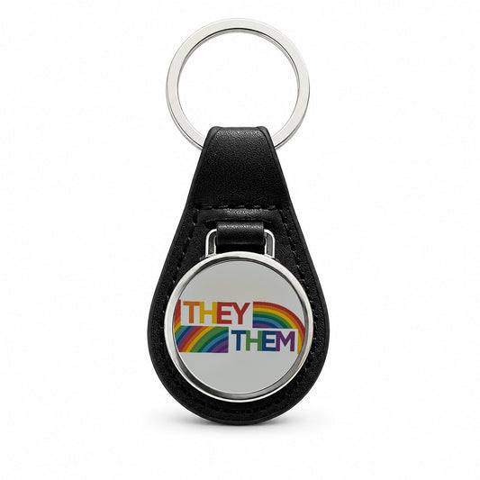 They Them Rainbow Pride Black Leather Metal Keychain