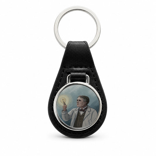 Thomas Edison American Inventor Black Leather Metal Keychain