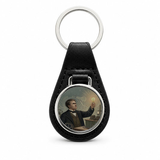Thomas Edison Historic Inventor Black Leather Metal Keychain