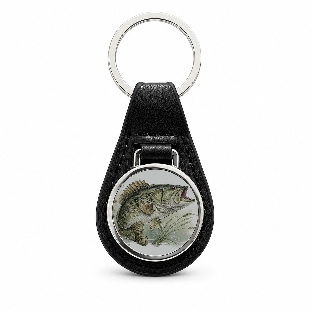 Trophy Largemouth Bass Fishing Black Leather Metal Keychain