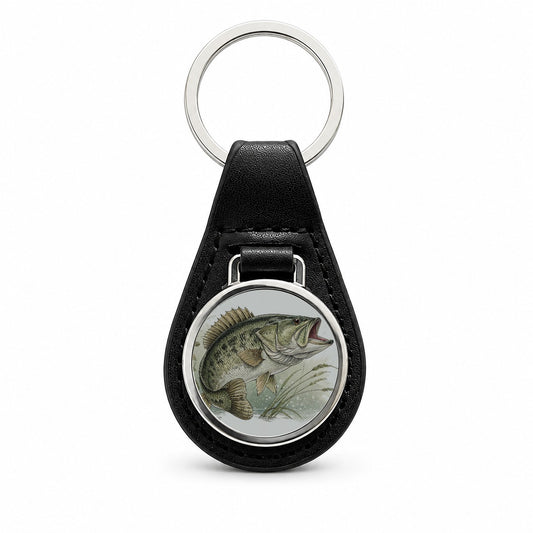 Trophy Largemouth Bass Fishing Black Leather Metal Keychain
