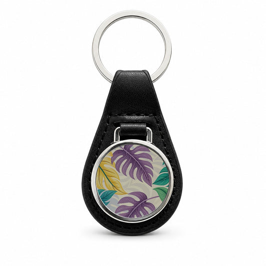 Tropical Leaves Colorful Foliage Black Leather Metal Keychain