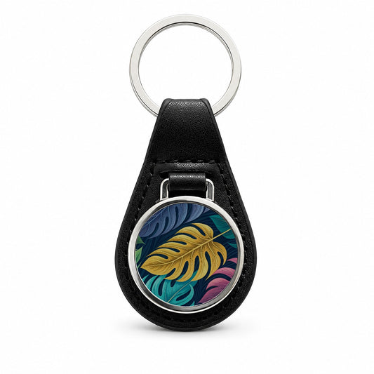 Tropical Leaves Colorful Black Leather Metal Keychain