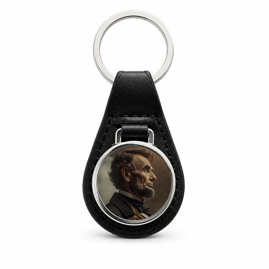 Victorian Steampunk Lincoln Portrait Black Leather Metal Keychain