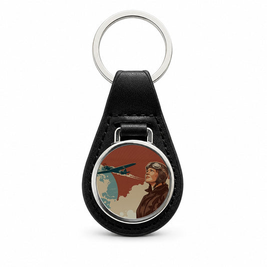 Vintage Amelia Earhart Aviation Travel Black Leather Metal Keychain