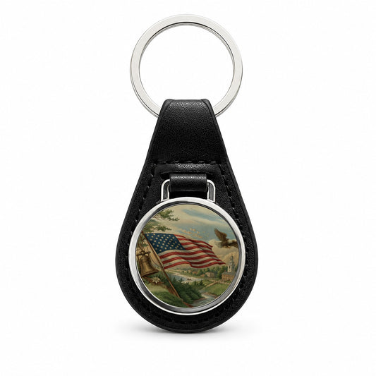 Vintage American Eagle Flag Black Leather Metal Keychain