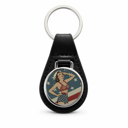 Vintage American Flag Pinup Woman Black Leather Metal Keychain