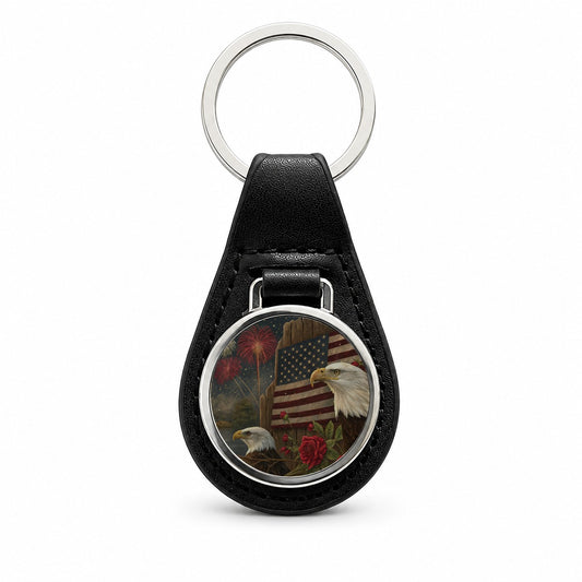 Vintage Americana Eagle Collage Patriotic Black Leather Metal Keychain