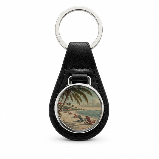 Vintage Beach Scene Holiday Black Leather Metal Keychain