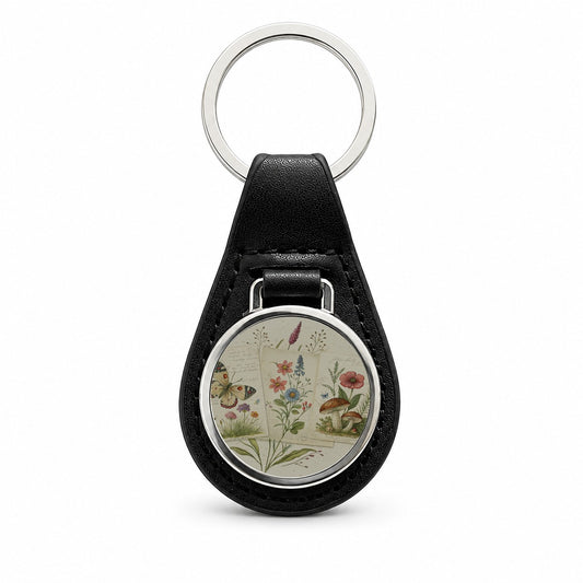 Vintage Botanical Illustration Collage Black Leather Metal Keychain