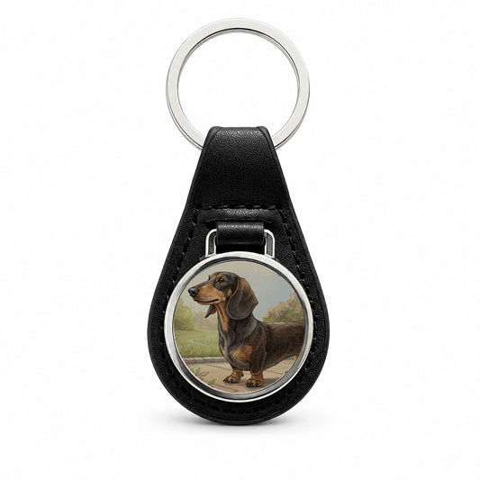 Vintage Dachshund Dog Portrait Black Leather Metal Keychain