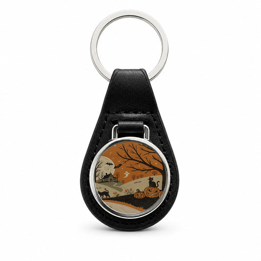 Vintage Halloween Black Cats Black Leather Metal Keychain