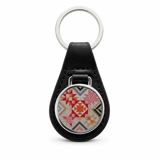 Vintage Patchwork Quilt Black Leather Metal Keychain