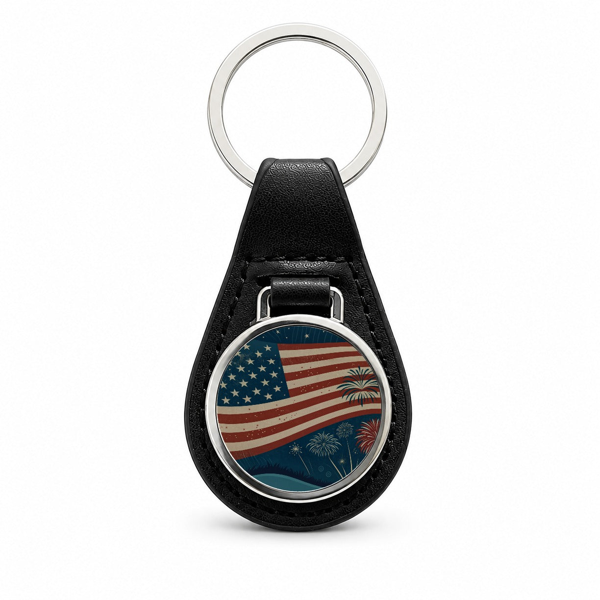Vintage Patriotic Flag Fireworks Black Leather Metal Keychain