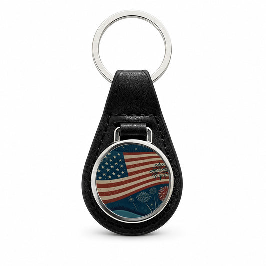 Vintage Patriotic Flag Fireworks Black Leather Metal Keychain