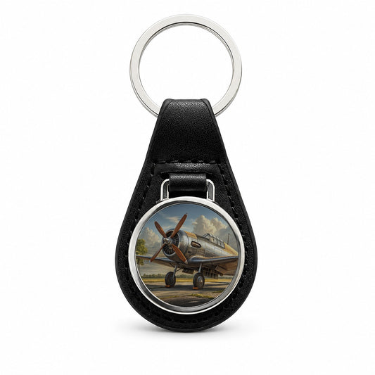 Vintage Propeller Airplane Black Leather Metal Keychain