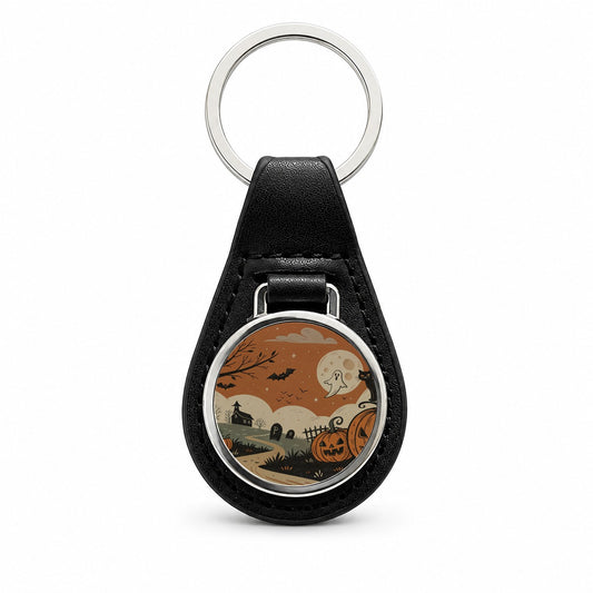 Vintage Pumpkin Halloween Scene Black Leather Metal Keychain