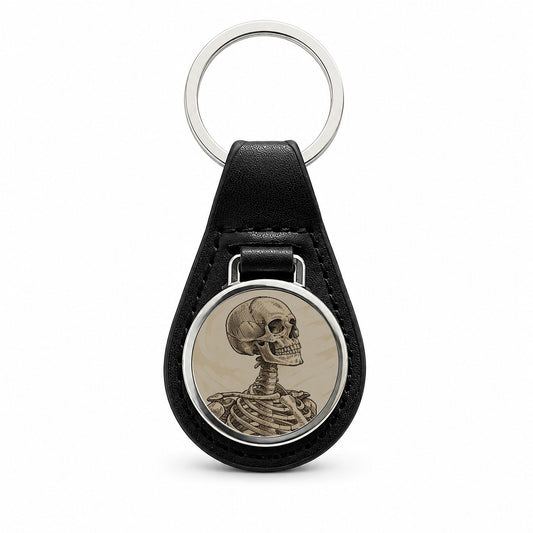 Vintage Skeleton Illustration Black Leather Metal Keychain