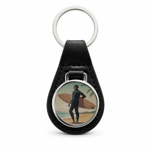 Vintage Surfer Beach Scene Black Leather Metal Keychain