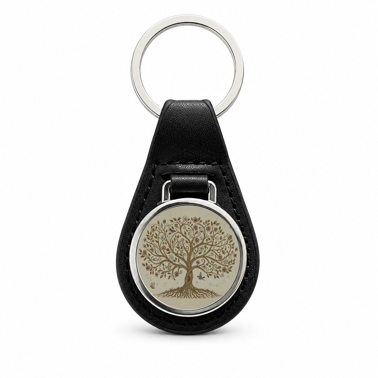 Vintage Tree Of Life Black Leather Metal Keychain