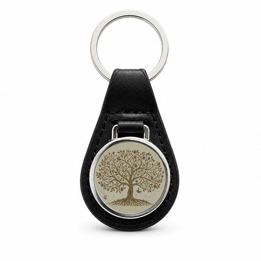 Vintage Tree Of Life Black Leather Metal Keychain
