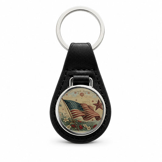 Vintage USA Flag Stars Patriotic Black Leather Metal Keychain