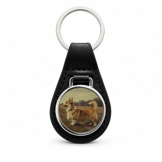 Vintage Welsh Corgi Dog Black Leather Metal Keychain