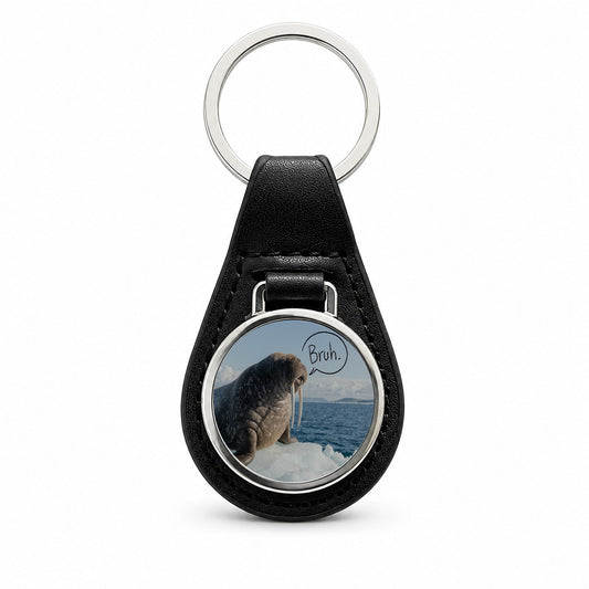 Walrus Saying Bruh Funny Black Leather Metal Keychain