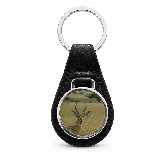 Watchful Antelope Nature Scene Black Leather Metal Keychain