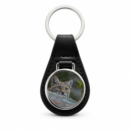 Watchful Bobcat Wildlife Nature Black Leather Metal Keychain