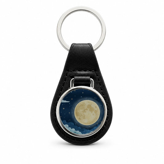 Watercolor Moon At Night Black Leather Metal Keychain