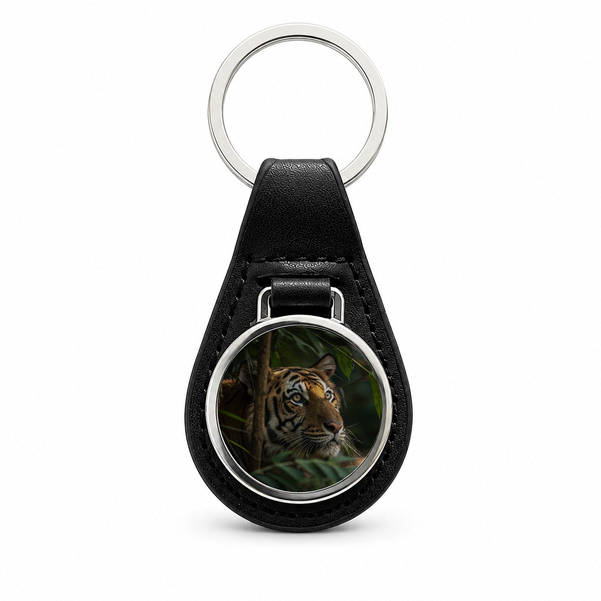 Wild Tiger Forest Jungle Black Leather Metal Keychain