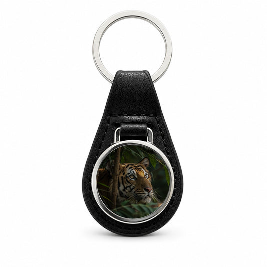 Wild Tiger Forest Jungle Black Leather Metal Keychain