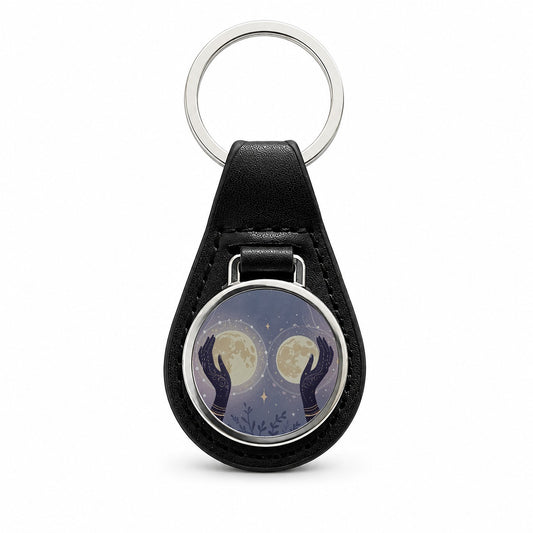 Witchy Celestial Moon Hands Black Leather Metal Keychain