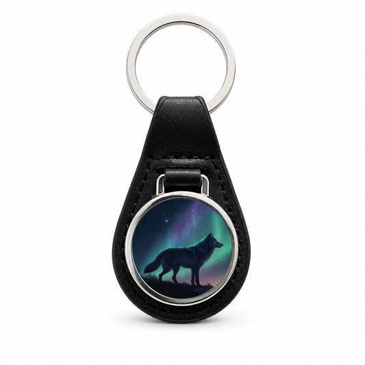 Wolf Beneath Aurora Borealis Black Leather Metal Keychain