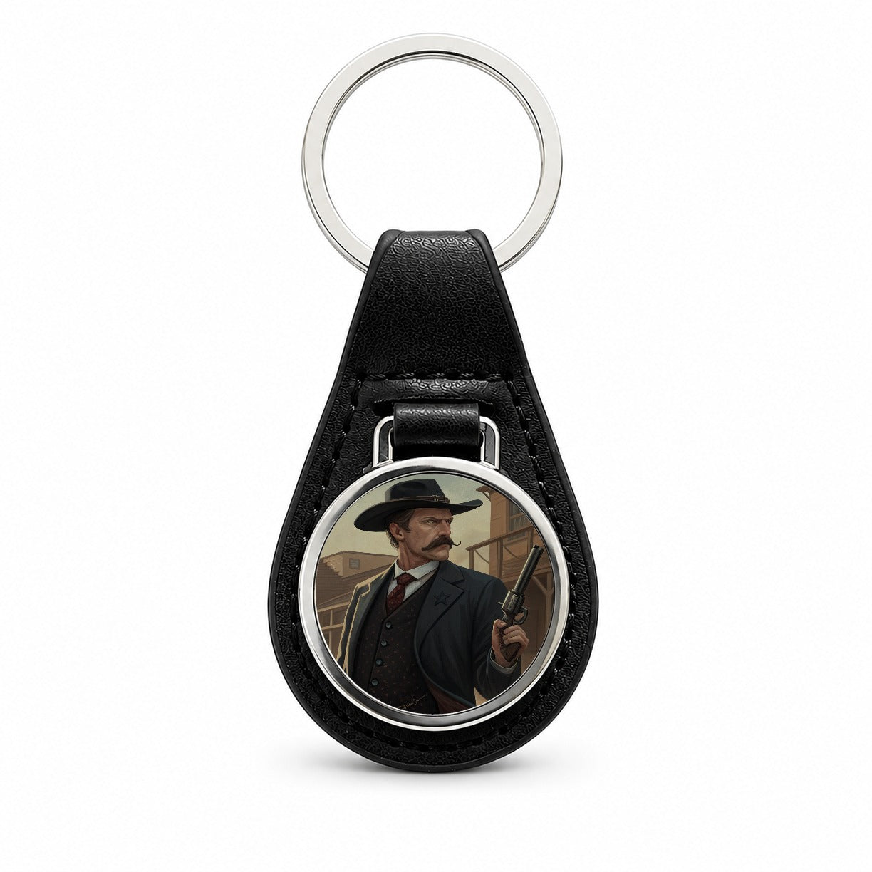 Wyatt Earp Frontier Gunslinger Black Leather Metal Keychain