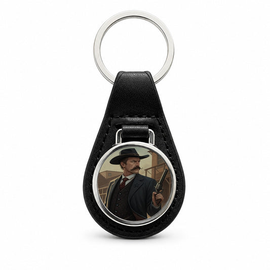 Wyatt Earp Frontier Gunslinger Black Leather Metal Keychain