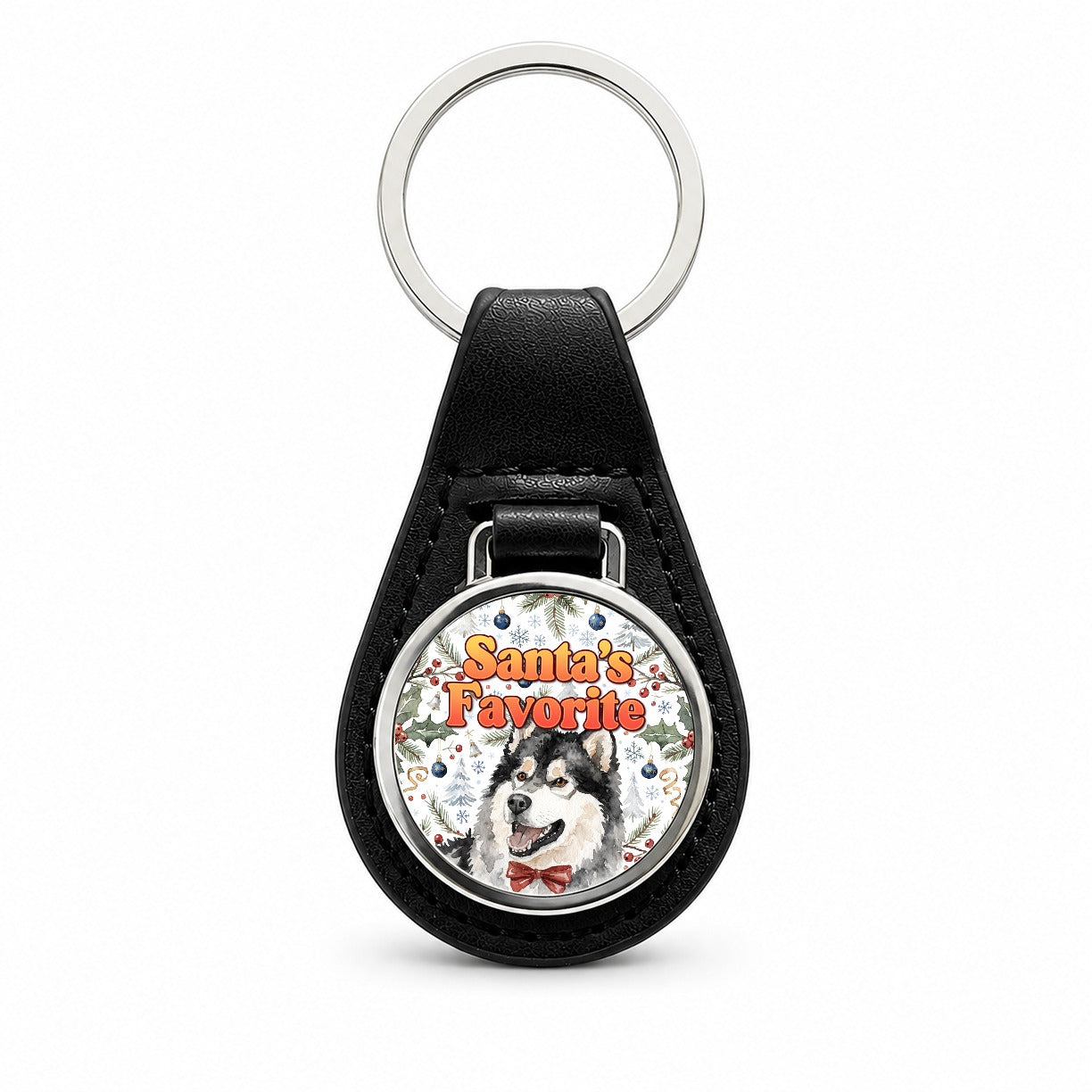 Alaskan Malamute Dog Christmas Santa's Favorite Black Leather Metal Keychain
