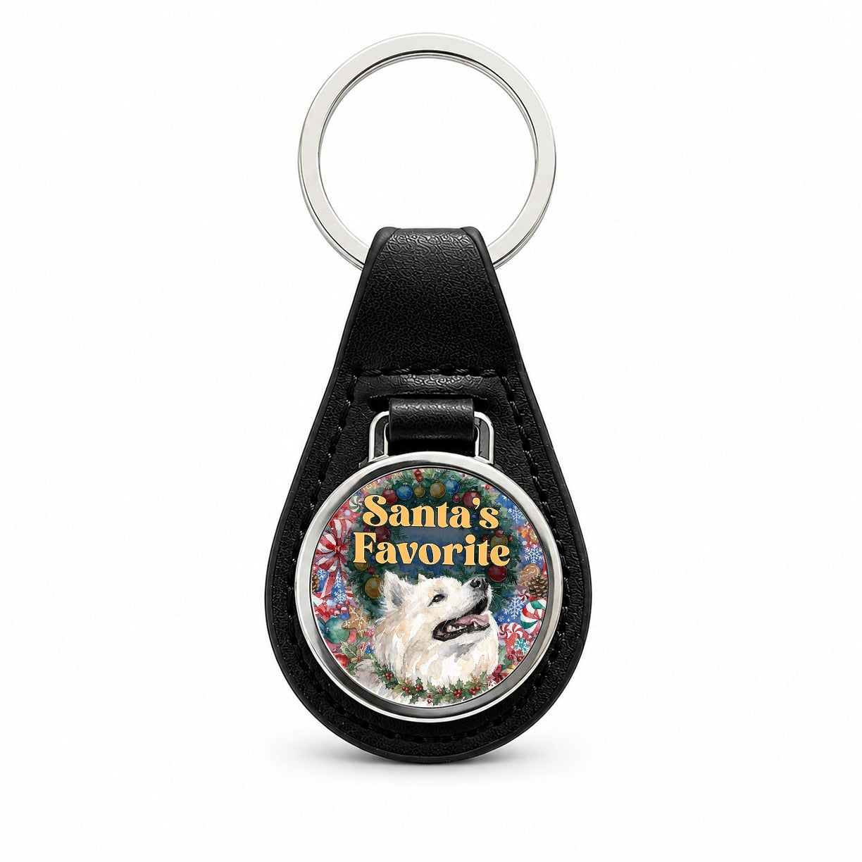 American Eskimo Dog Christmas Santa's Favorite Black Leather Metal Keychain