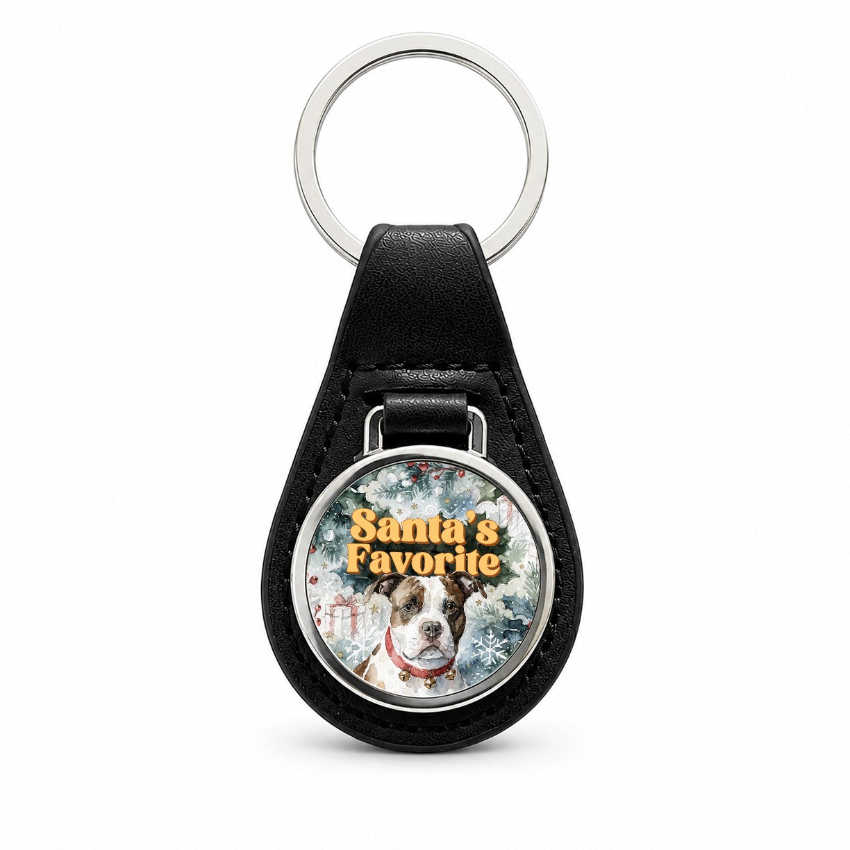 American Staffordshire Terrier Christmas Santa's Favorite Black Leather Metal Keychain