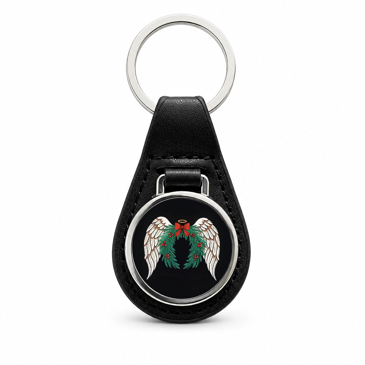 Angel Wings Christmas Black Leather Metal Keychain