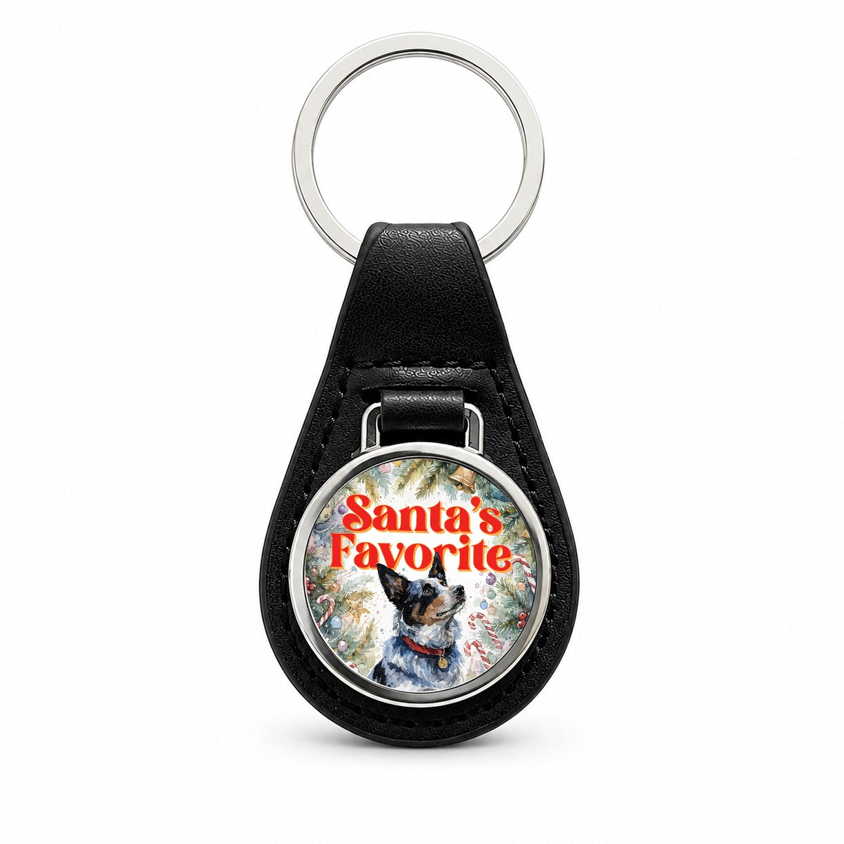 Australian Cattle Dog Christmas Santa's Favorite Black Leather Metal Keychain