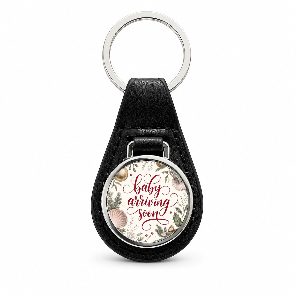 Baby Arriving Soon Christmas Black Leather Metal Keychain