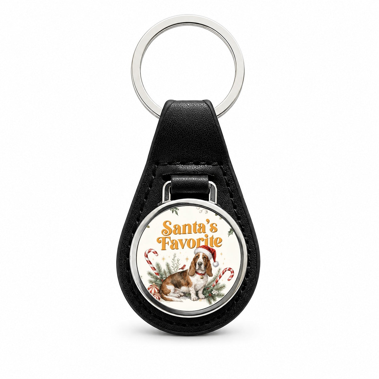 Basset Hound Dog Christmas Santa's Favorite Black Leather Metal Keychain