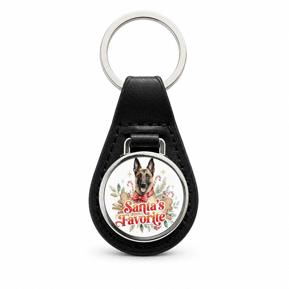 Belgian Malinois Dog Christmas Santa's Favorite Black Leather Metal Keychain