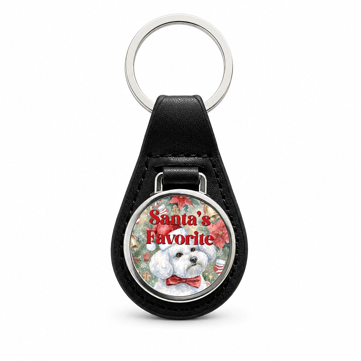Bichon Frise Dog Christmas Santa's Favorite Black Leather Metal Keychain