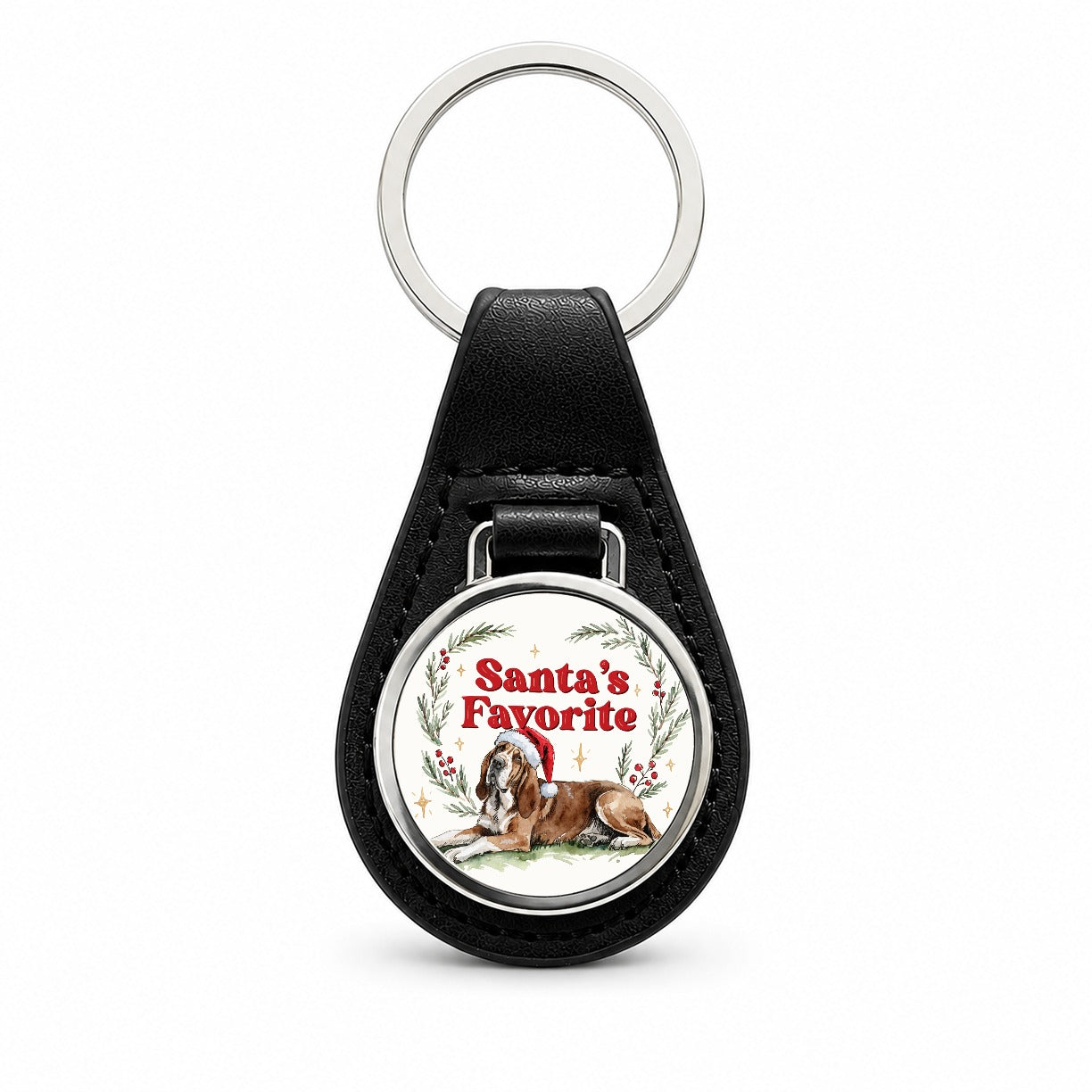 Bloodhound Dog Christmas Santa's Favorite Black Leather Metal Keychain