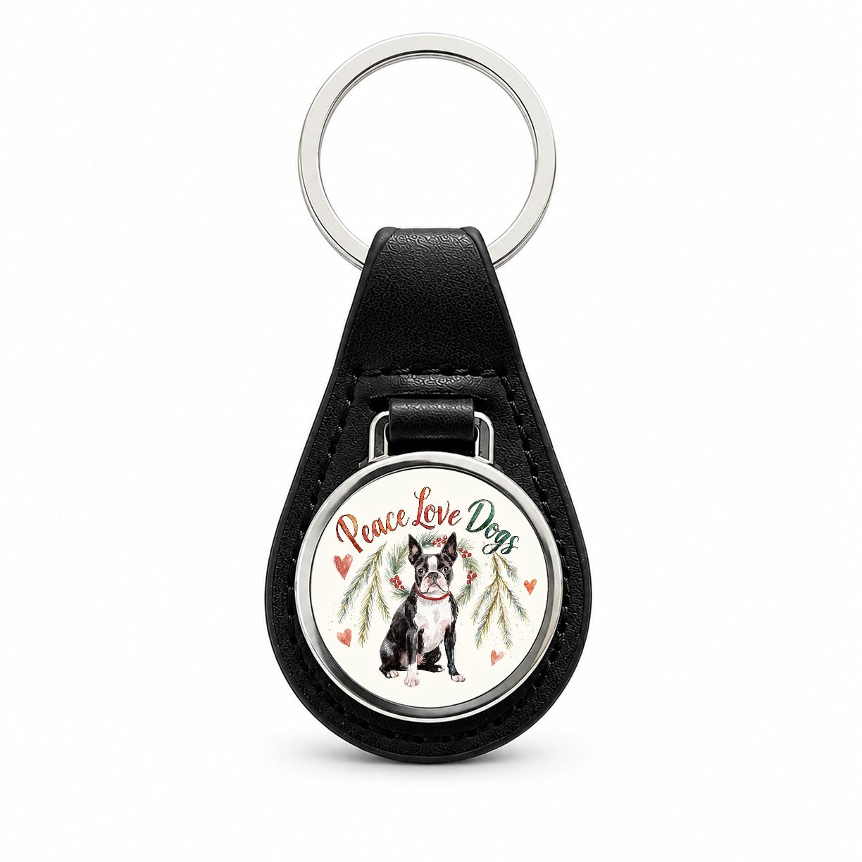 Boston Terrier Peace Love Dogs Christmas Black Leather Metal Keychain