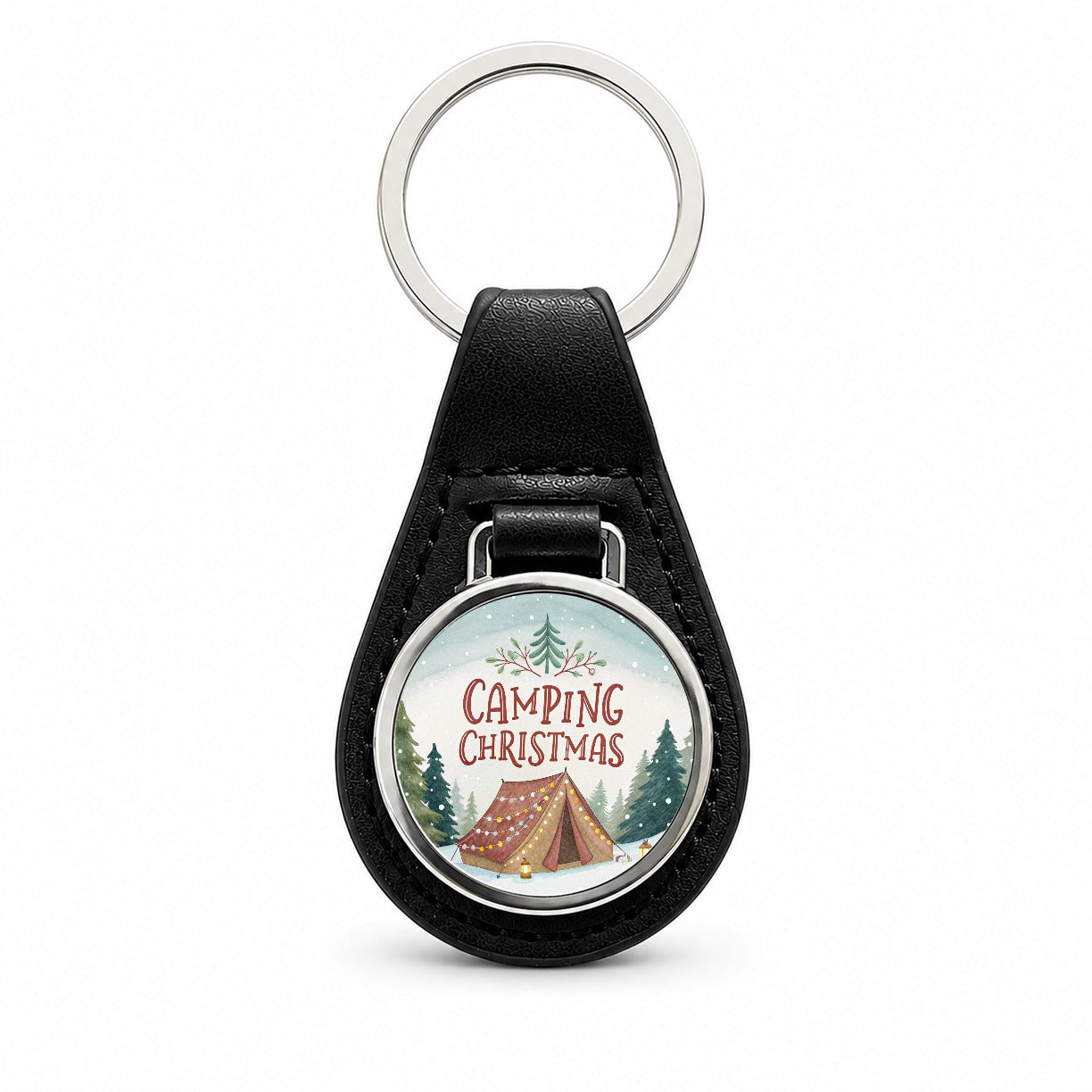 Camping Christmas Tent Black Leather Metal Keychain